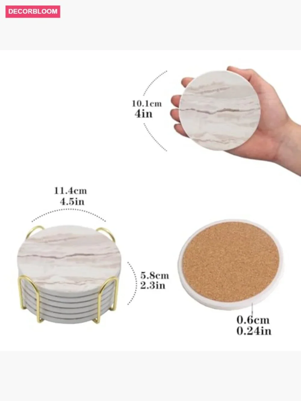 6 Round Ceramic Coasters with Holder - Absorbent Set for Home Bar 4 Inches